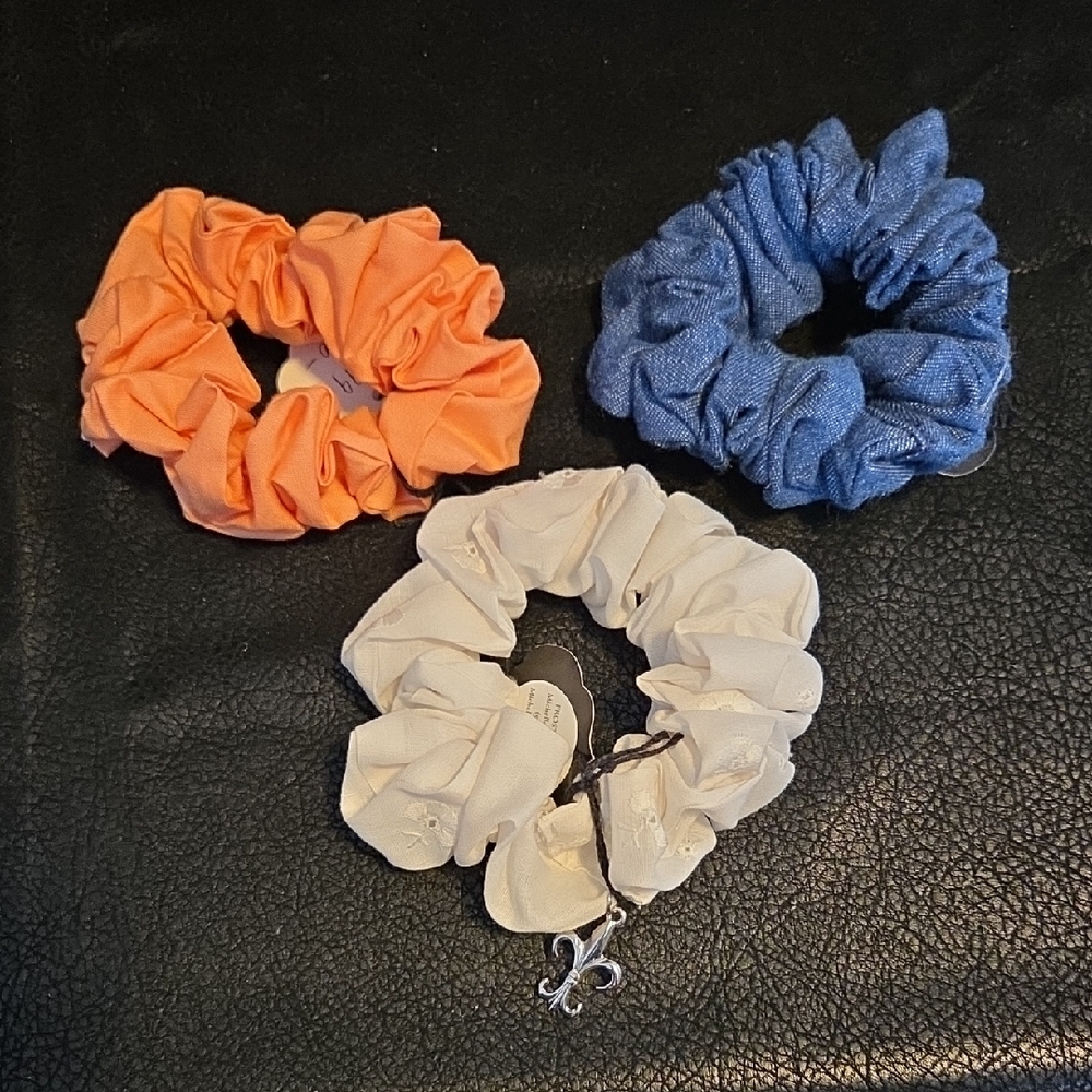 3 Handmade Schruncies.  Orange, Denim And White Embroidered.